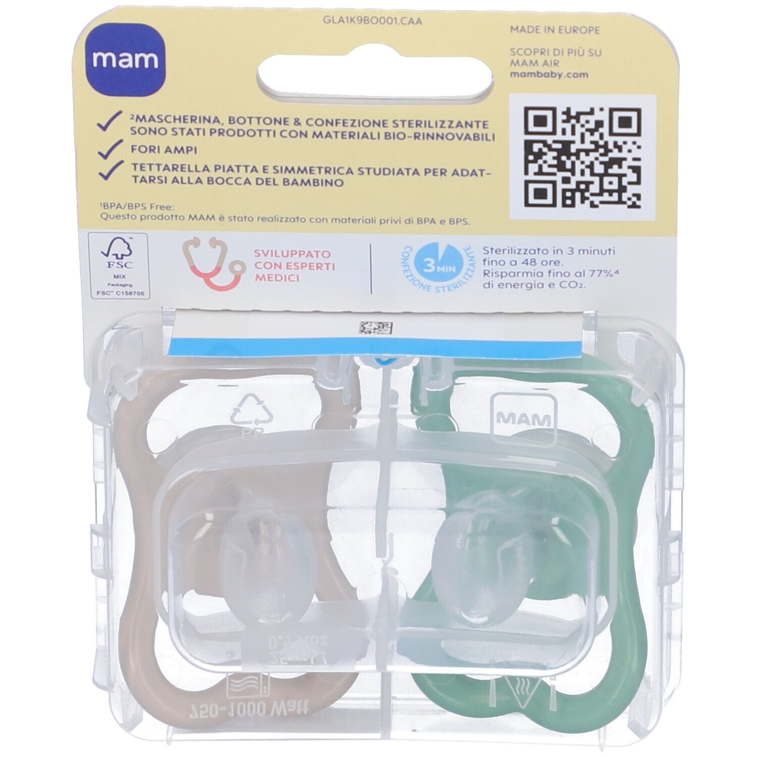 Retro confezione con due succhietti. Verde e beige. Logo MAM, testo e codice QR. Sterilizzabile.