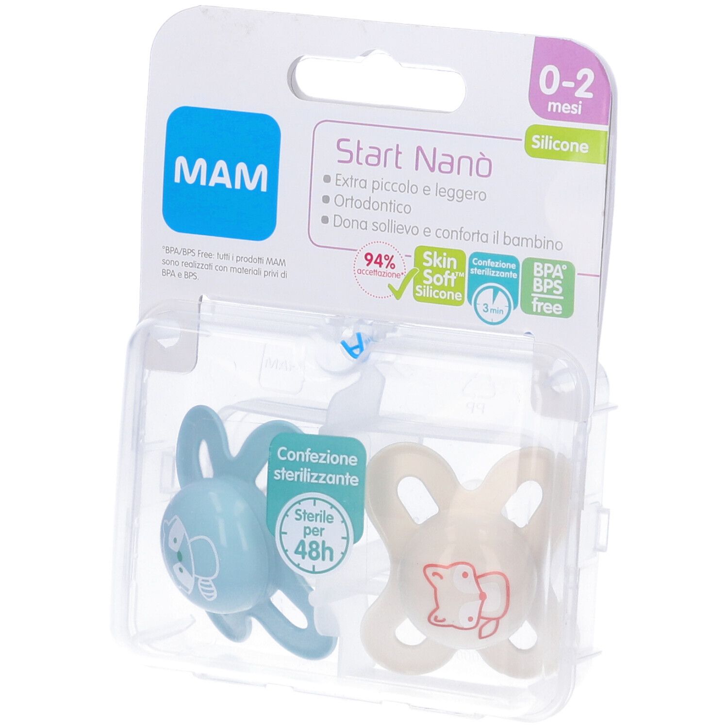 Due succhietti in confezione. Blu e crema, silicone. Confezione con logo MAM e informazioni sul prodotto.