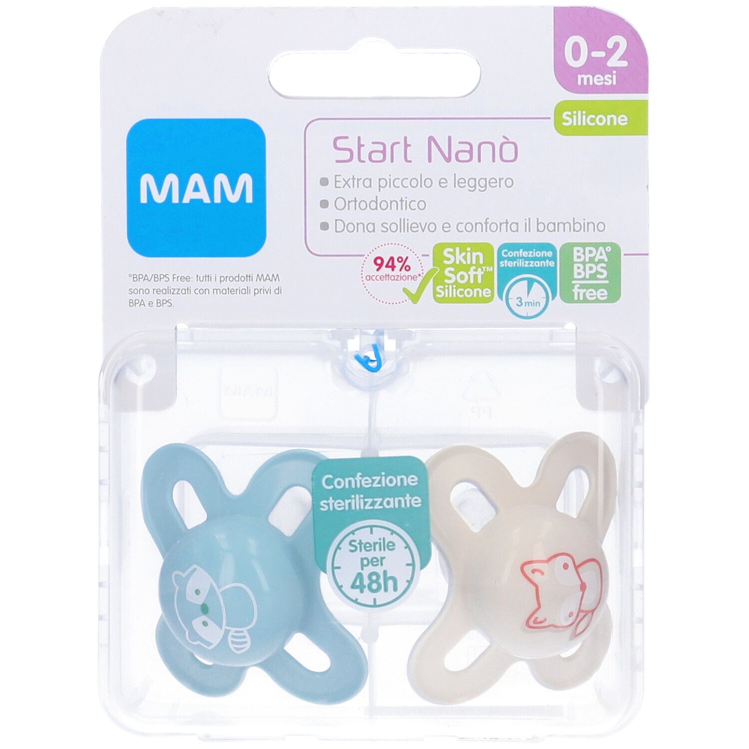 Due succhietti in confezione. Blu e crema, silicone. Confezione con logo MAM e informazioni sul prodotto.