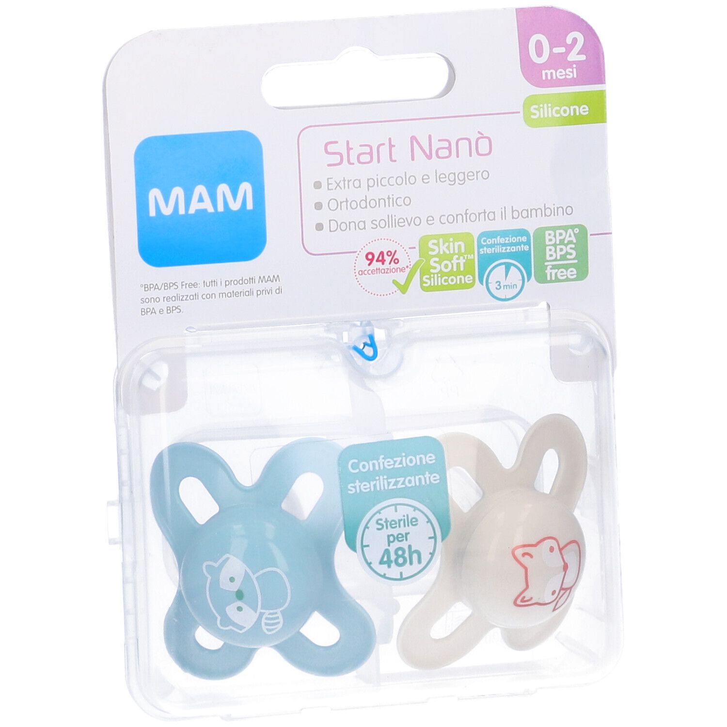 Due succhietti in confezione. Blu e crema, silicone. Confezione con logo MAM e informazioni sul prodotto.