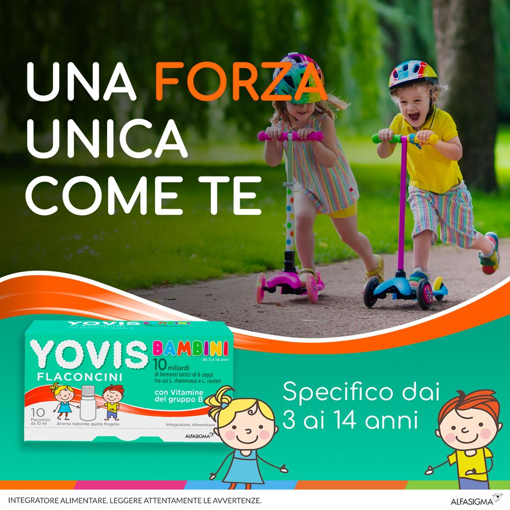 Pubblicità con bambini sui monopattini. Confezione YOVIS Bambini in primo piano. Per bambini dai 3 ai 14 anni.