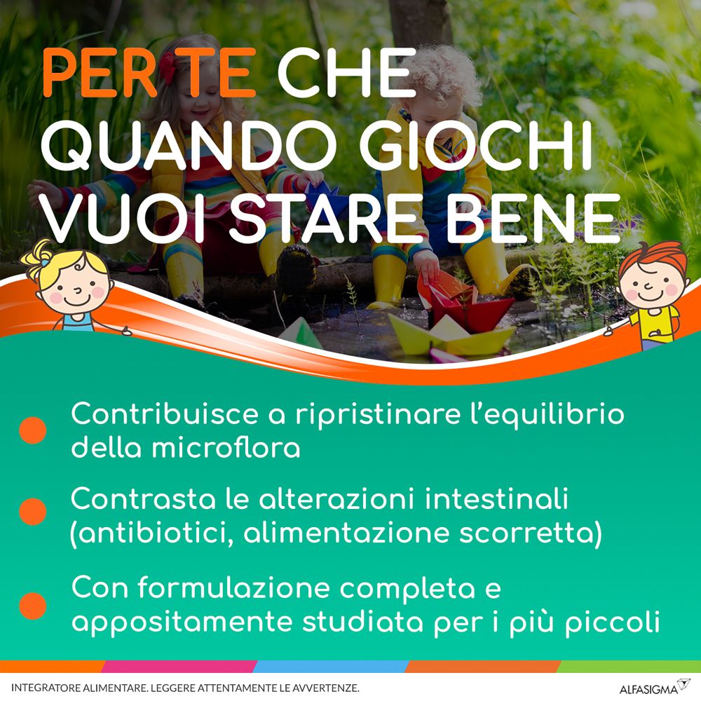 Infografica con testo sui benefici di YOVIS Bambini. Aiuta a ripristinare l'equilibrio della microflora.