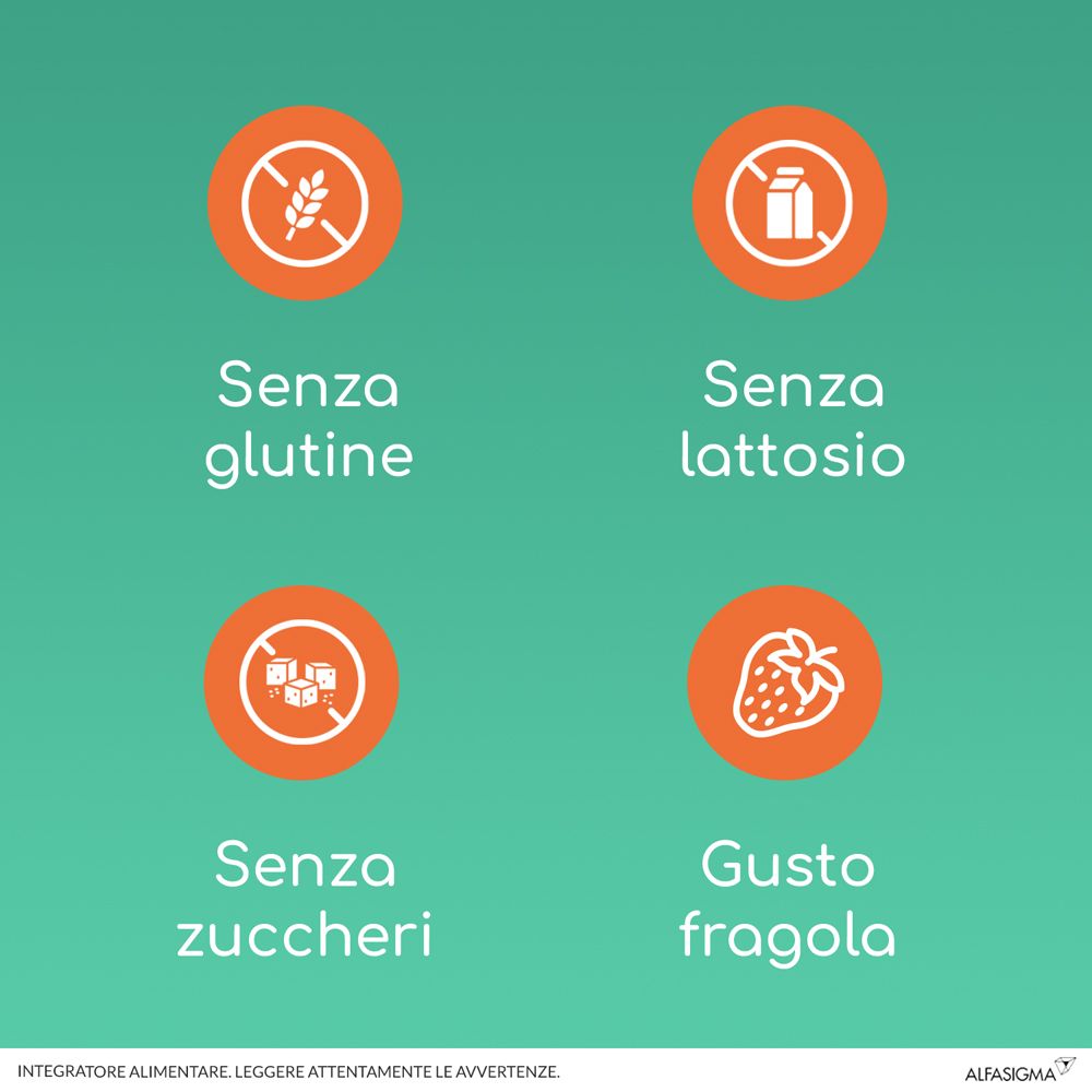 Infografica con simboli: Senza glutine, lattosio, zuccheri. Gusto fragola.