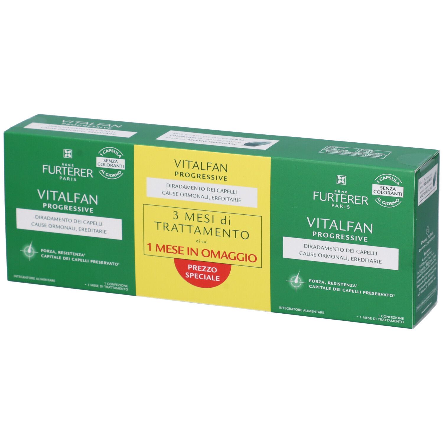 Confezione verde con nome del prodotto e testo. Contiene 3 mesi di trattamento + 1 mese omaggio. Marca: RENE FURTERER Vitalfan.