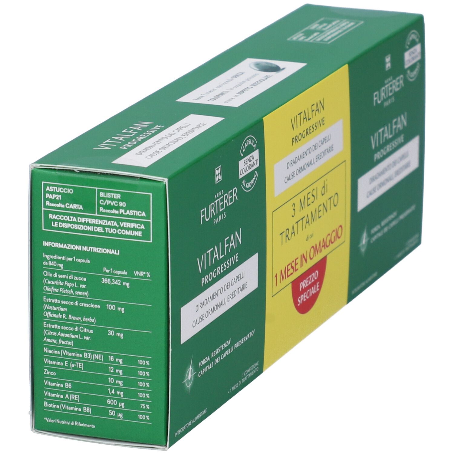 Confezione verde con informazioni sul prodotto. Contiene ingredienti e informazioni nutrizionali. Marca: RENE FURTERER Vitalfan.