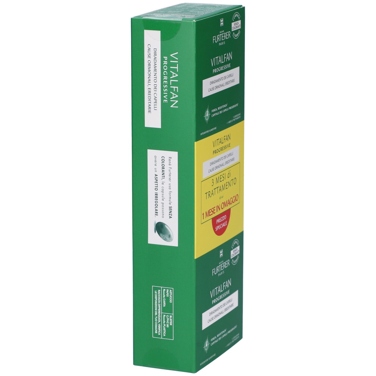 Confezione verde stretta con nome del prodotto e testo. Marca: RENE FURTERER Vitalfan. Contiene capsule.