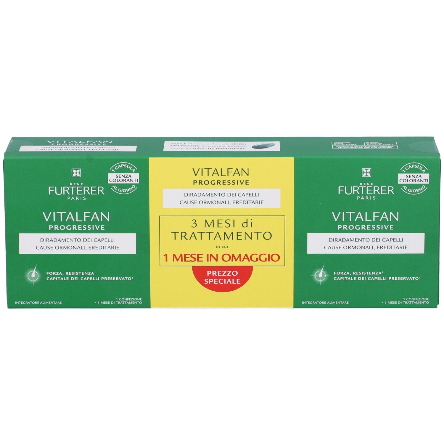 Confezione verde con nome del prodotto e testo. Contiene 3 mesi di trattamento + 1 mese omaggio. Marca: RENE FURTERER Vitalfan.