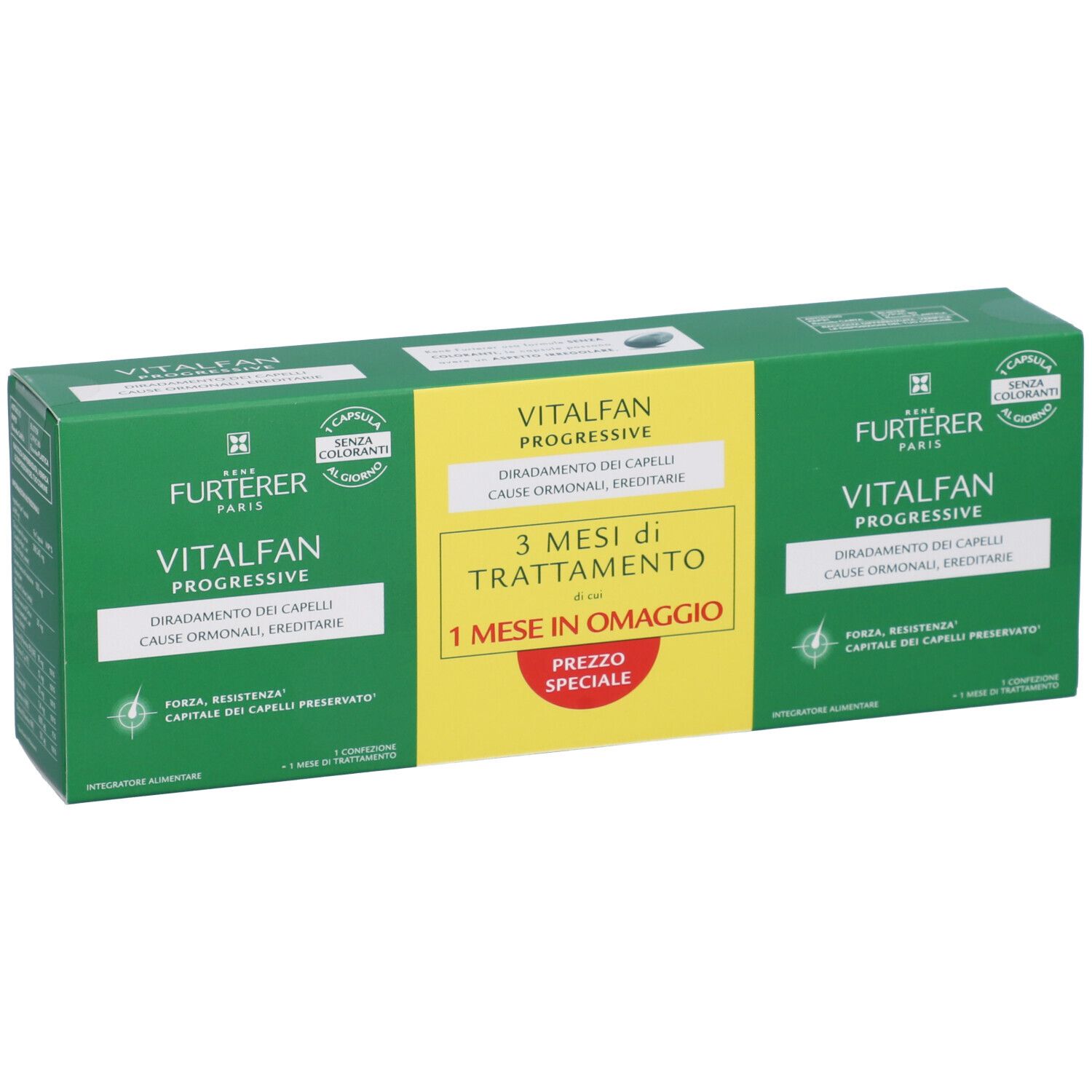 Confezione verde con nome del prodotto e testo. Contiene 3 mesi di trattamento + 1 mese omaggio. Marca: RENE FURTERER Vitalfan.