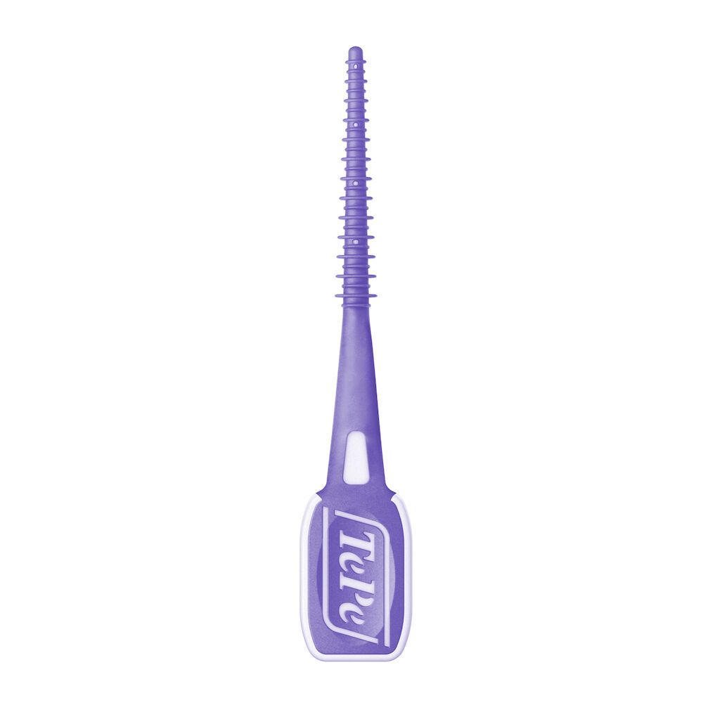 Einzelner lila TePe EasyPick™ XL. Der Griff ist kantig, der Kopf hat einen geriffelten Bereich.