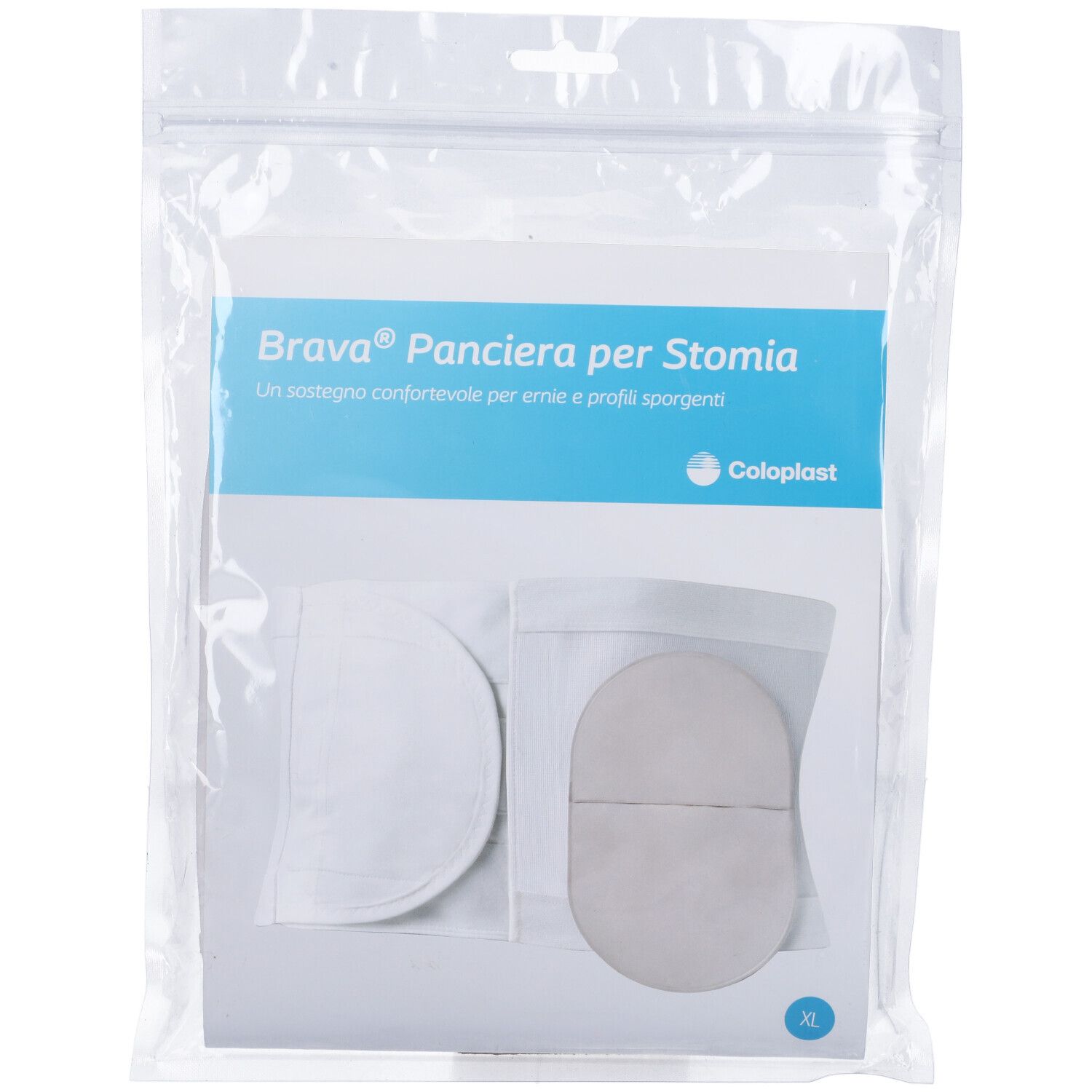 Confezione di Brava Panciera per Stomia. Contiene due cuscinetti rotondi e ovali. Logo Coloplast.