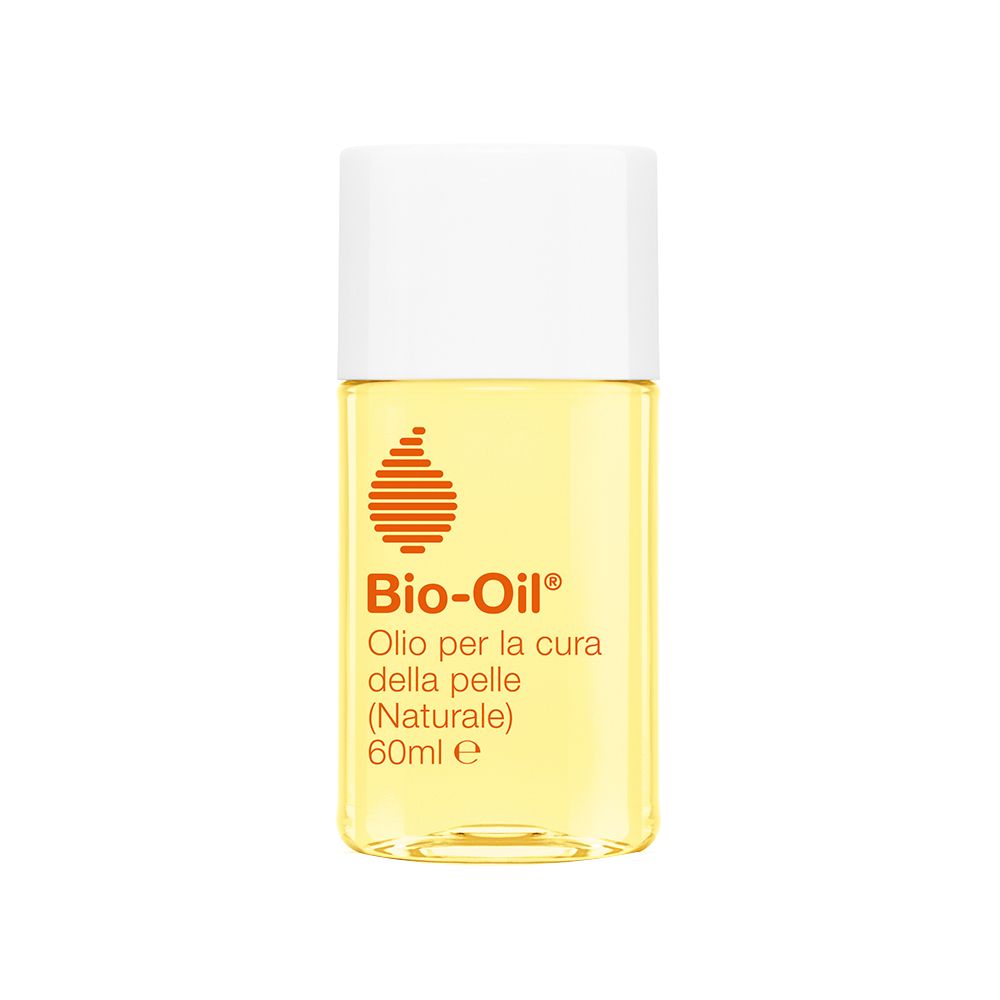 Bio-Oil® Flasche. Gelbe Flüssigkeit, weißer Deckel. Aufschrift: Bio-Oil®, Oilo per la cura della pelle (Naturale).