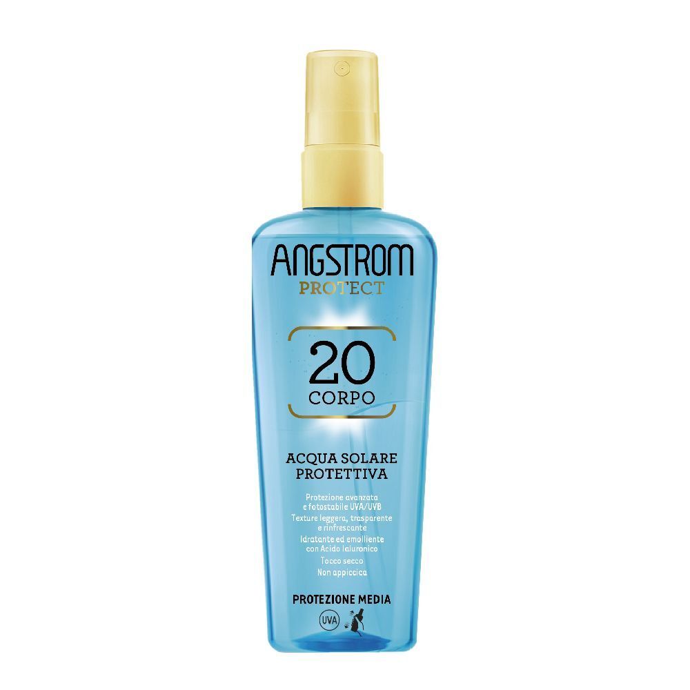 Flacone blu trasparente con erogatore giallo. Testo: Angstrom Protect, 20 Corpo, Acqua Solare Protettiva SPF 20.