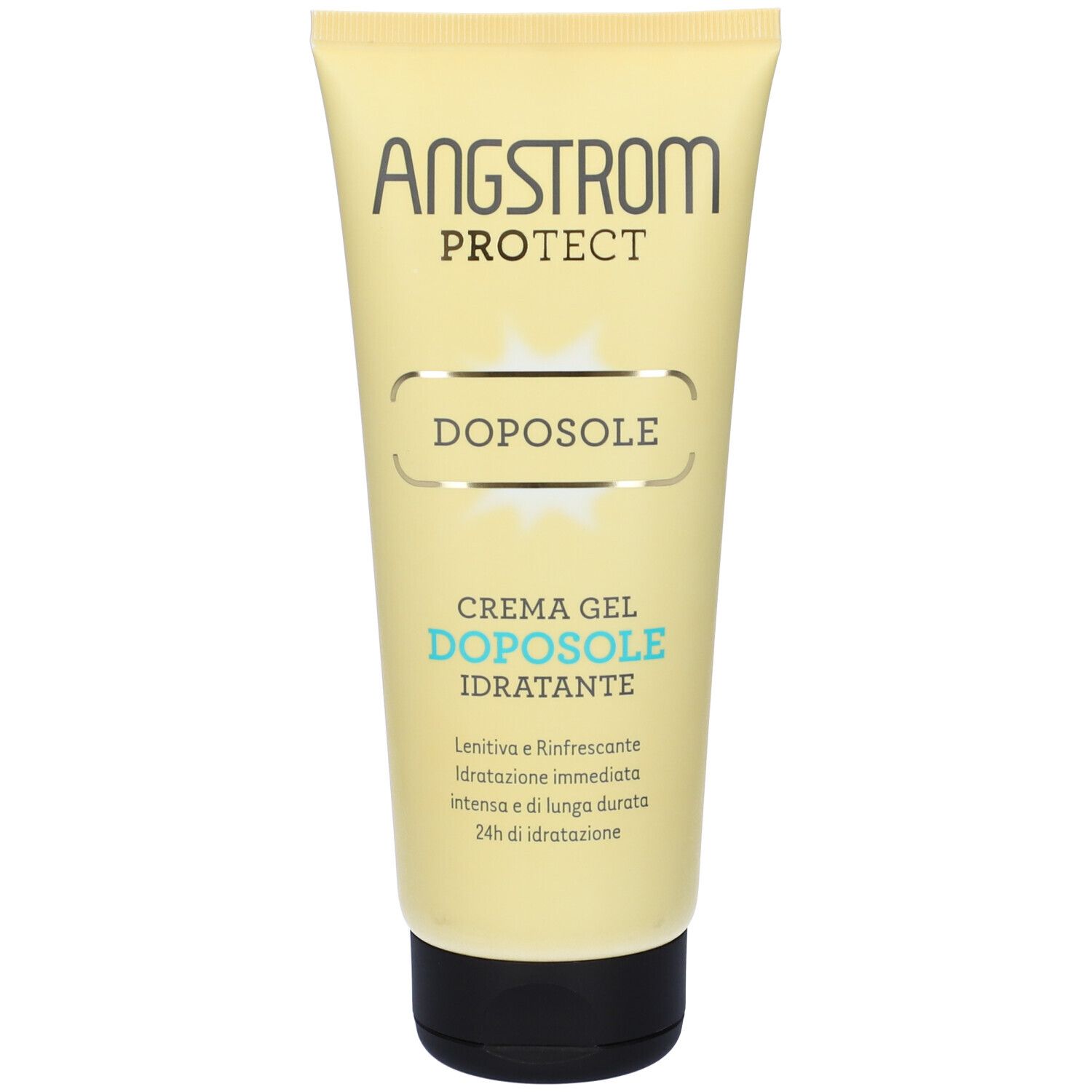 Tubo crema gel Angstrom Protect Doposole. Giallo, tappo nero. Testo: Doposole, Crema Gel, Idratante. Scritta.