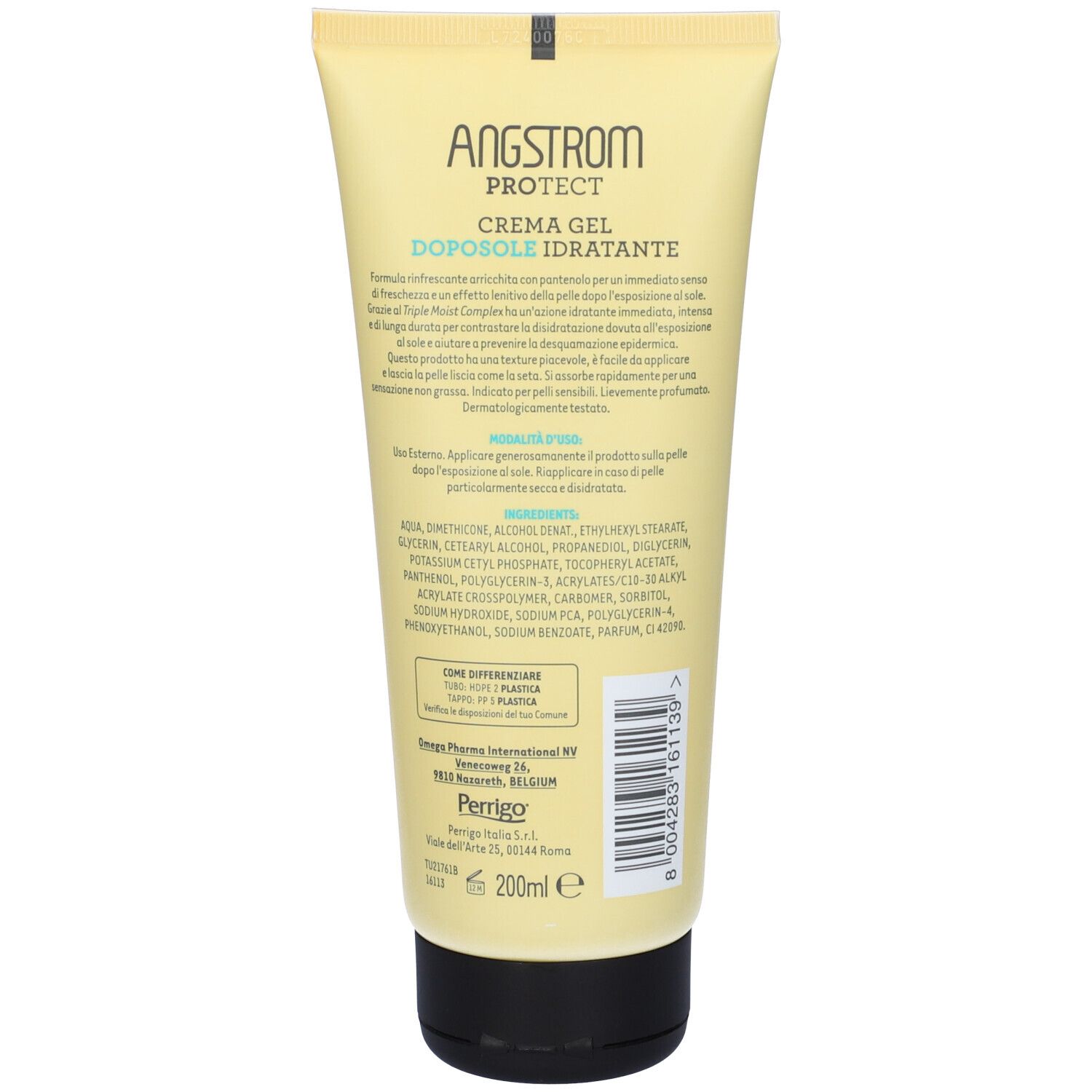 Retro del tubo crema gel Angstrom Protect Doposole. Testo e ingredienti. Tappo nero. 200ml.