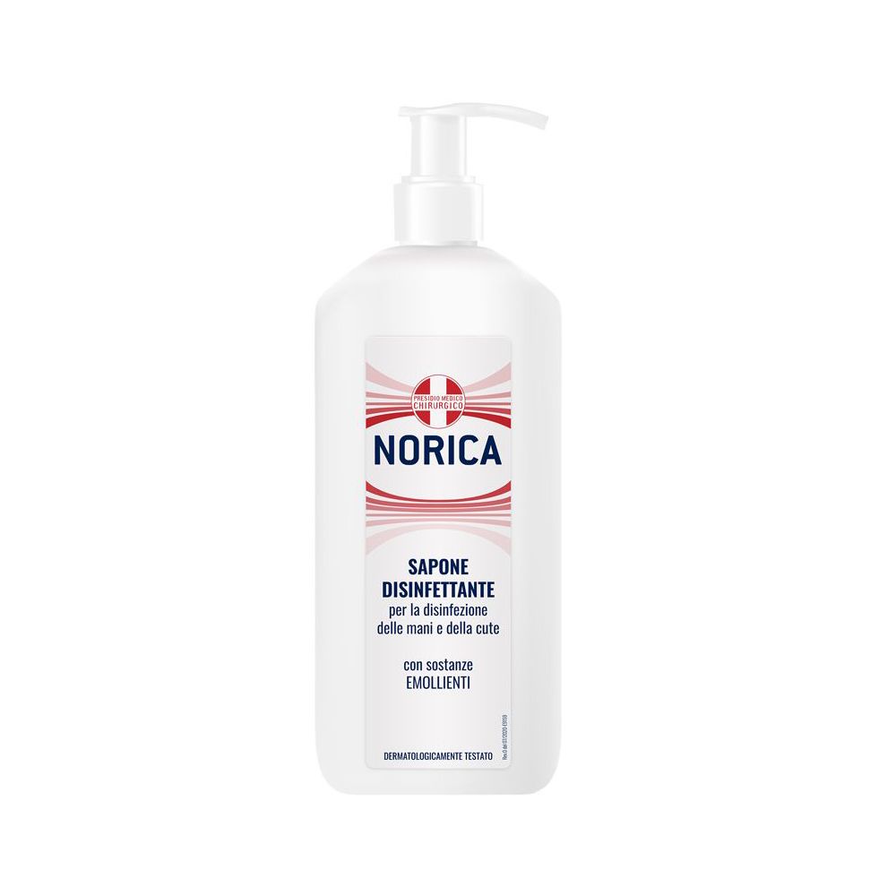 Flacone bianco con dosatore. Scritta: NORICA, Sapone Disinfettante. Con emollienti. Dermatologicamente testato.