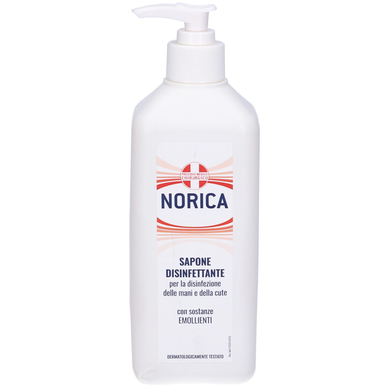 Flacone bianco con dosatore. Scritta: NORICA, Sapone Disinfettante. Con emollienti. Dermatologicamente testato.