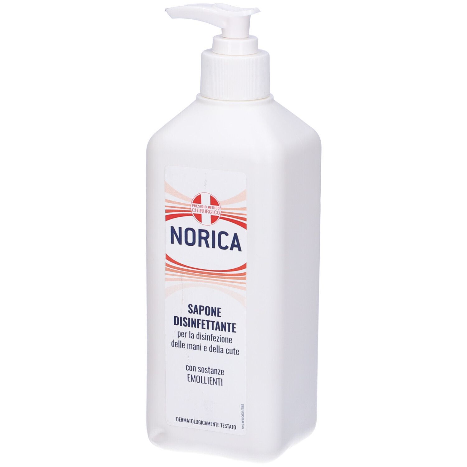 Flacone bianco con dosatore. Scritta: NORICA, Sapone Disinfettante. Con emollienti. Dermatologicamente testato.