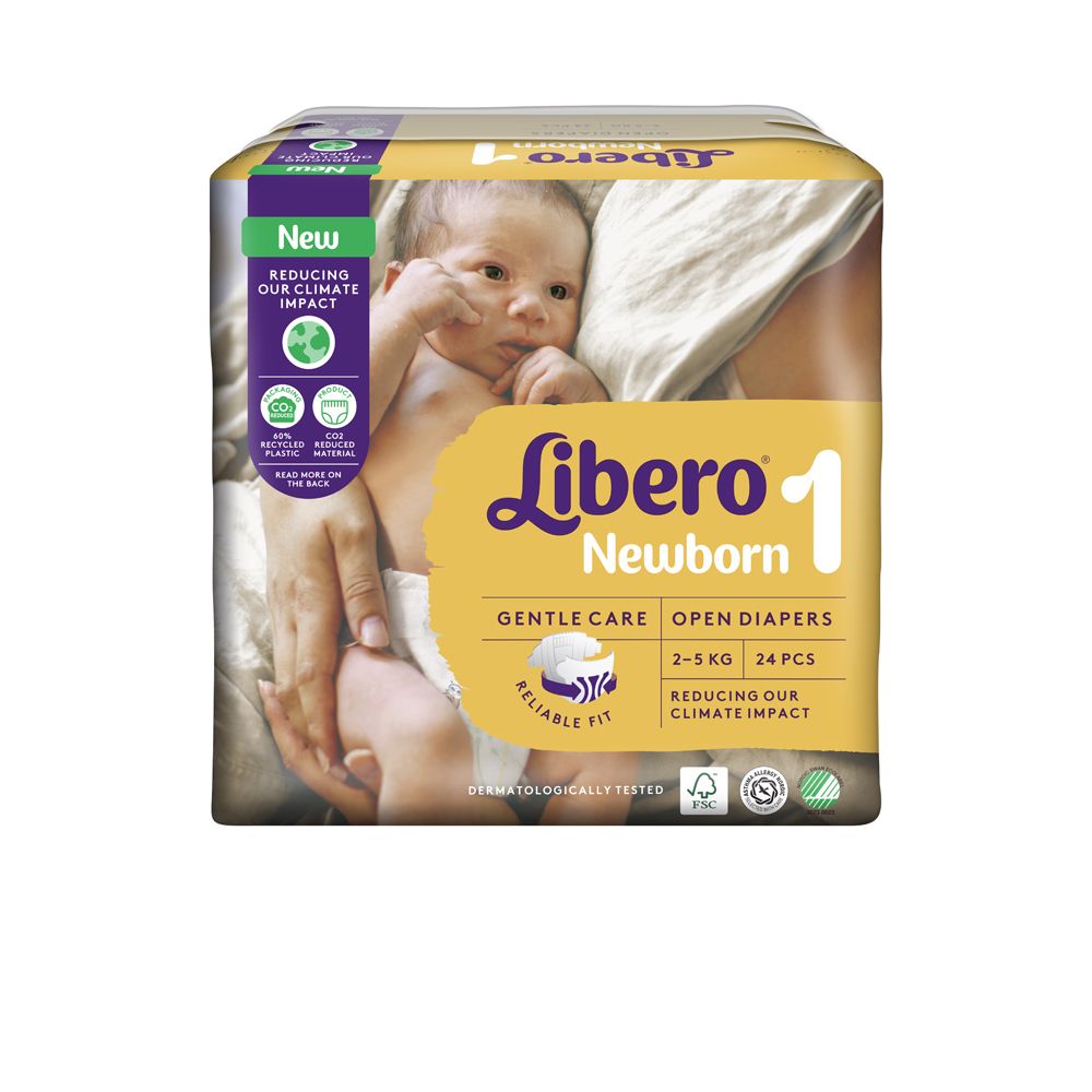 Libero Newborn 1 Windeln-Packung. Aufdruck: Baby, Produktname, 24 Stück, 2-5 kg, sanfte Pflege. Mit Zertifizierungen.
