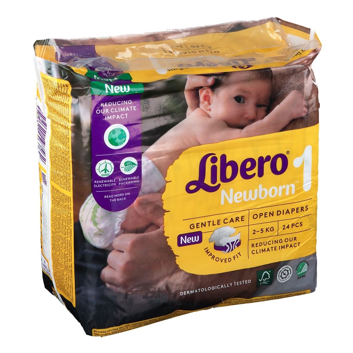 Libero Newborn 1 Windelpackung. Aufdruck: Baby, Produktname, 24 Stück, 2-5 kg, sanfte Pflege. Mit Zertifizierungen.