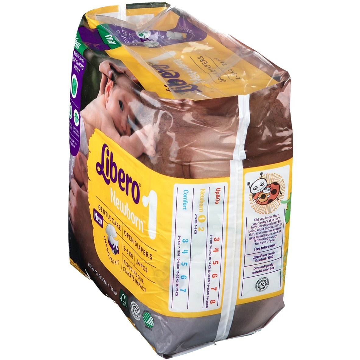 Libero Newborn 1 Windelpackung. Aufdruck: Baby, Produktname, 24 Stück, 2-5 kg, sanfte Pflege. Mit Zertifizierungen.
