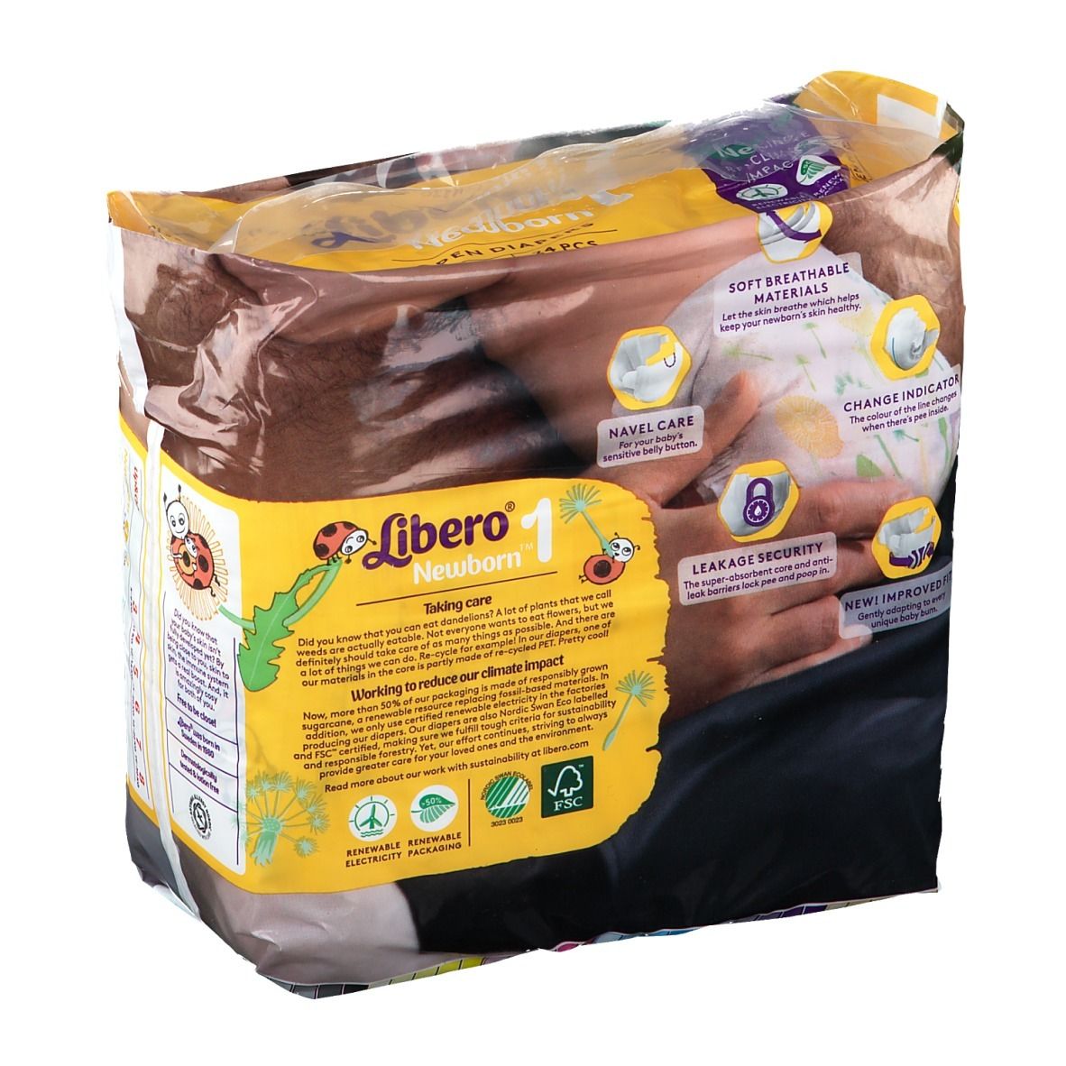 Libero Newborn 1 Windelpackung. Aufdruck: Baby, Produktname, 24 Stück, 2-5 kg, sanfte Pflege. Mit Zertifizierungen.