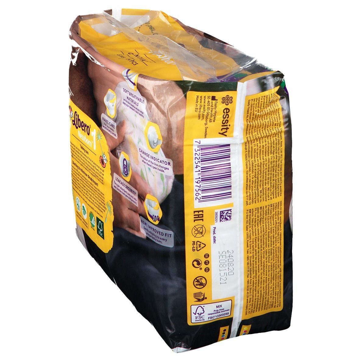 Libero Newborn 1 Windelpackung. Aufdruck: Baby, Produktname, 24 Stück, 2-5 kg, sanfte Pflege. Mit Zertifizierungen.