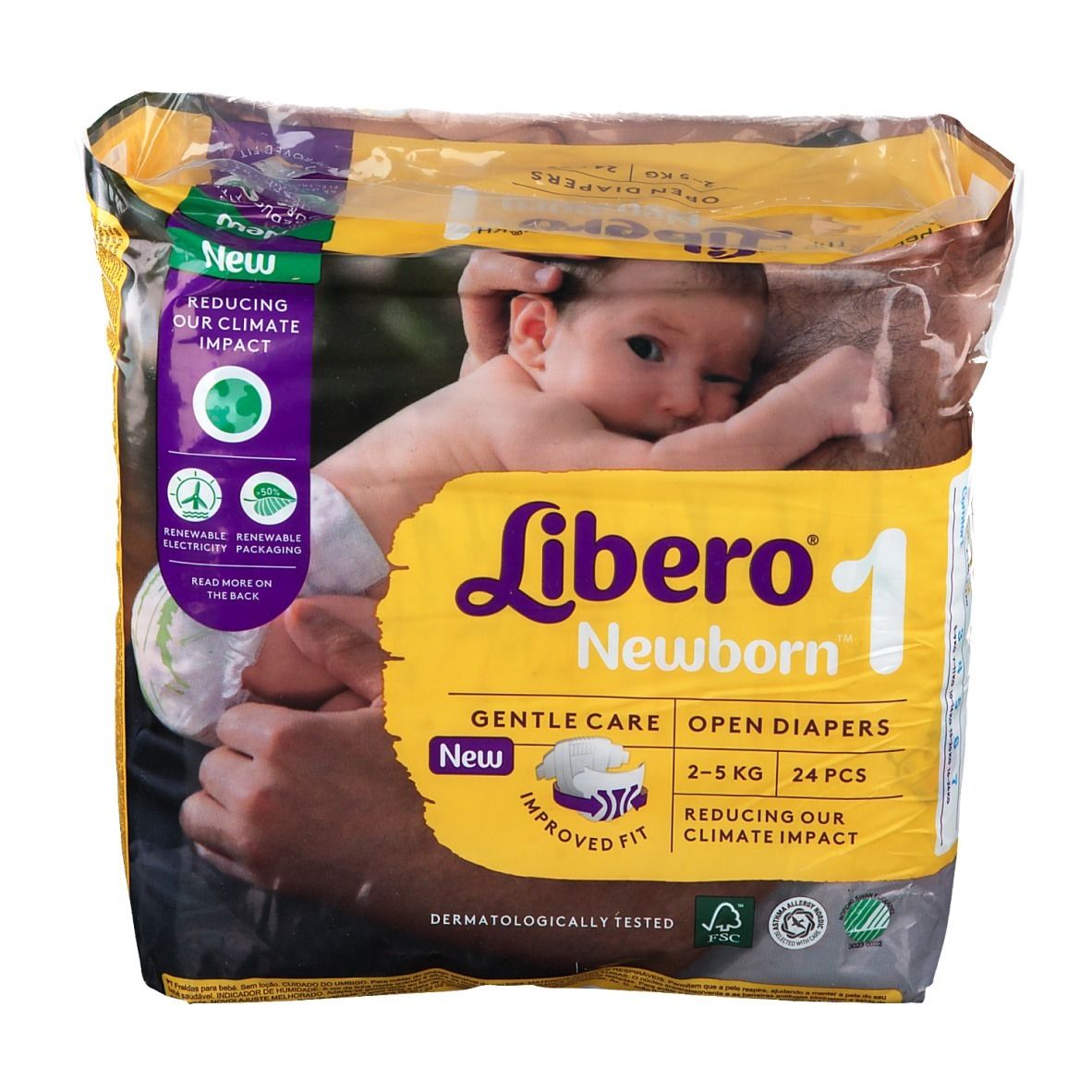 Libero Newborn 1 Windelpackung. Aufdruck: Baby, Produktname, 24 Stück, 2-5 kg, sanfte Pflege. Mit Zertifizierungen.