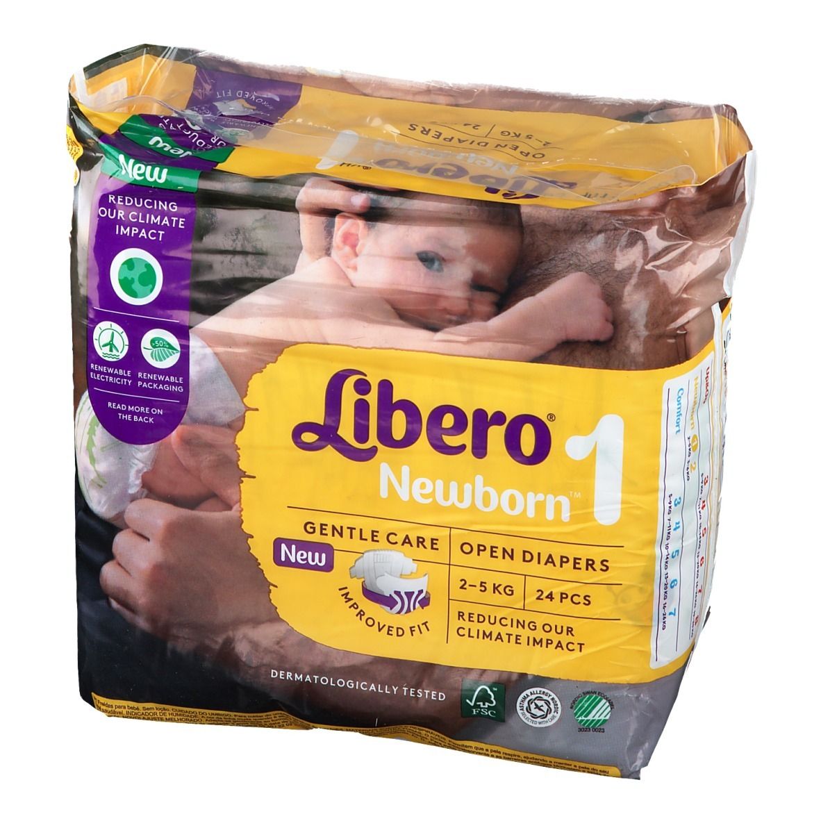Libero Newborn 1 Windelpackung. Aufdruck: Baby, Produktname, 24 Stück, 2-5 kg, sanfte Pflege. Mit Zertifizierungen.