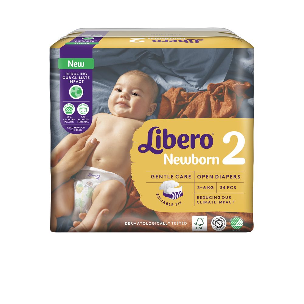 Confezione di pannolini Libero Newborn taglia 2. Contiene 34 pezzi. Scritto: 3-6 kg, cura delicata, vestibilità affidabile. Foto di bambino.