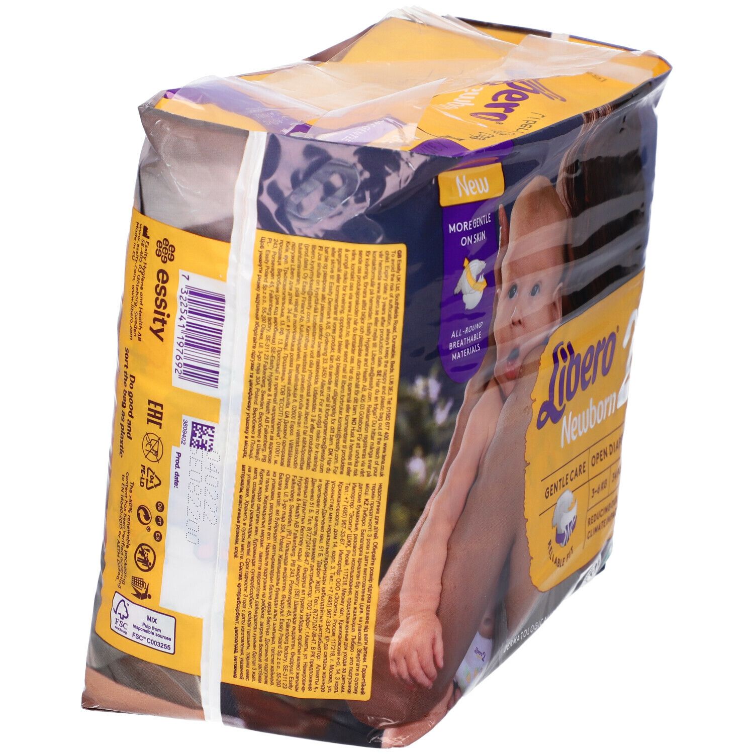 Confezione di pannolini Libero Newborn taglia 2. Contiene 34 pezzi. Scritto: 3-6 kg, cura delicata, vestibilità affidabile. Retro.