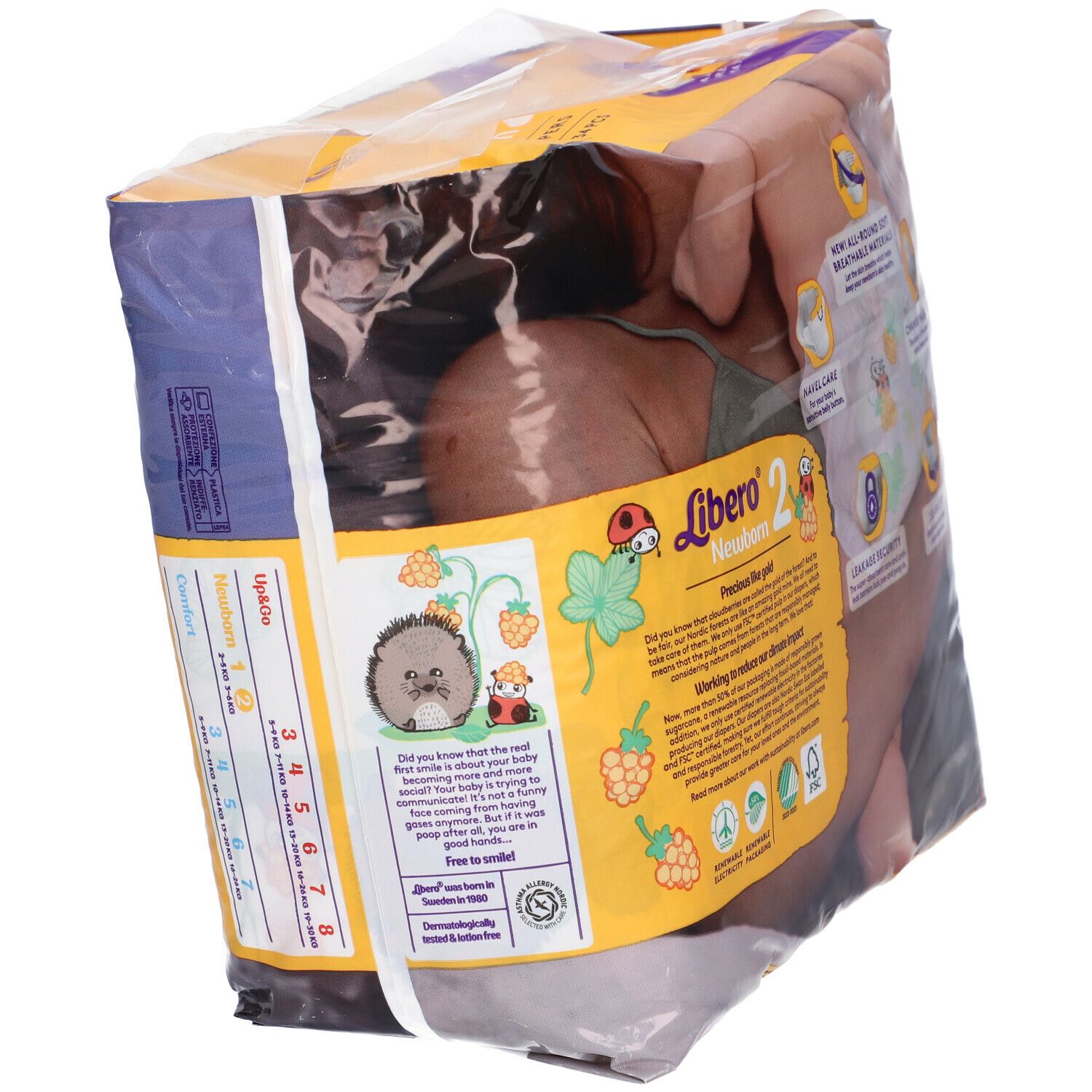 Confezione di pannolini Libero Newborn taglia 2. Contiene 34 pezzi. Scritto: 3-6 kg, cura delicata, vestibilità affidabile. Retro.