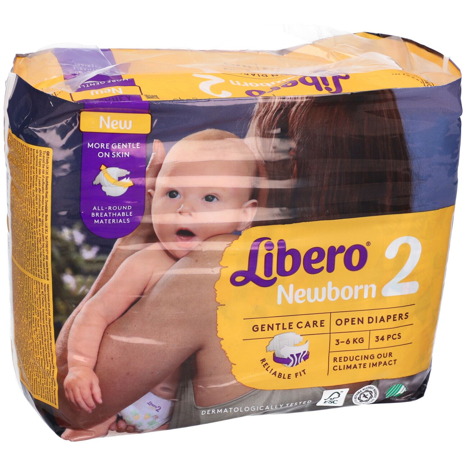 Confezione di pannolini Libero Newborn taglia 2. Contiene 34 pezzi. Scritto: 3-6 kg, cura delicata, vestibilità affidabile. Bambino in braccio.