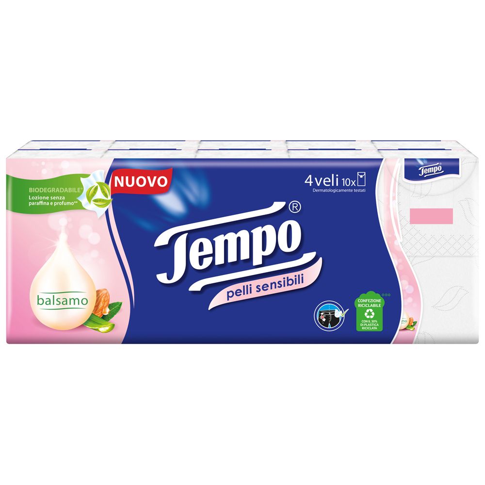 Fazzoletti Tempo pelli sensibili. 4 confezioni da 10. Confezione con balsamo e aloe vera.
