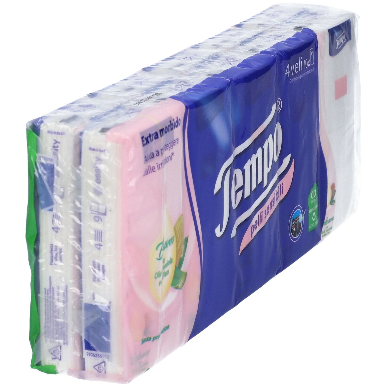 Fazzoletti Tempo pelli sensibili. 4 confezioni da 10. Vista obliqua, confezionato.