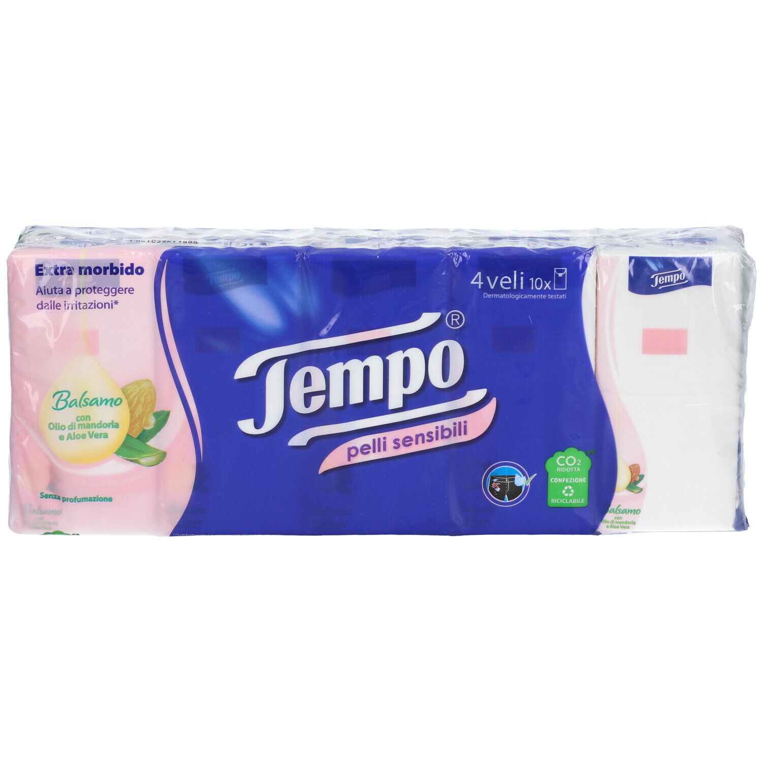 Fazzoletti Tempo pelli sensibili. 4 confezioni da 10. Confezionato in plastica.