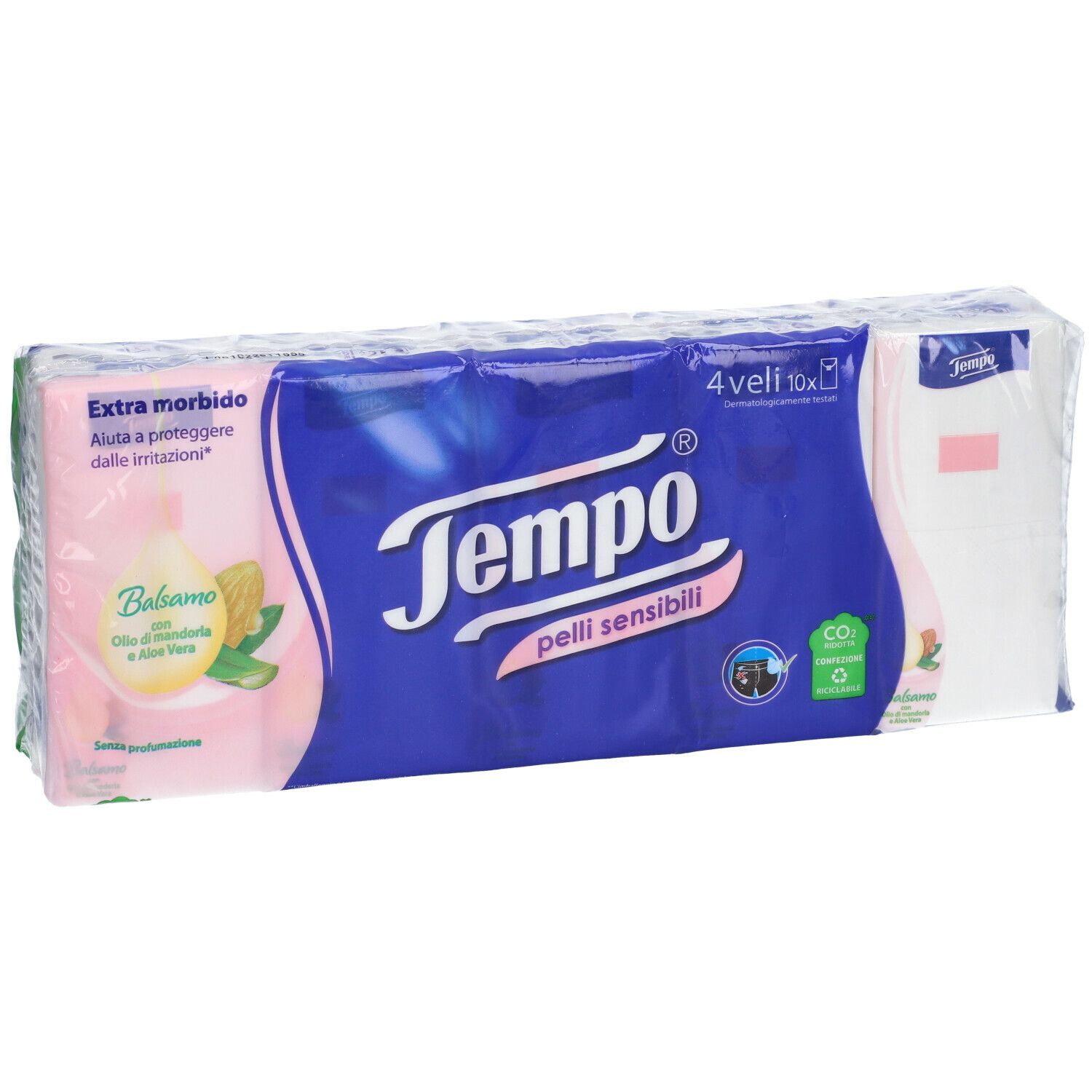Fazzoletti Tempo pelli sensibili. 4 confezioni da 10. Confezionato in plastica.