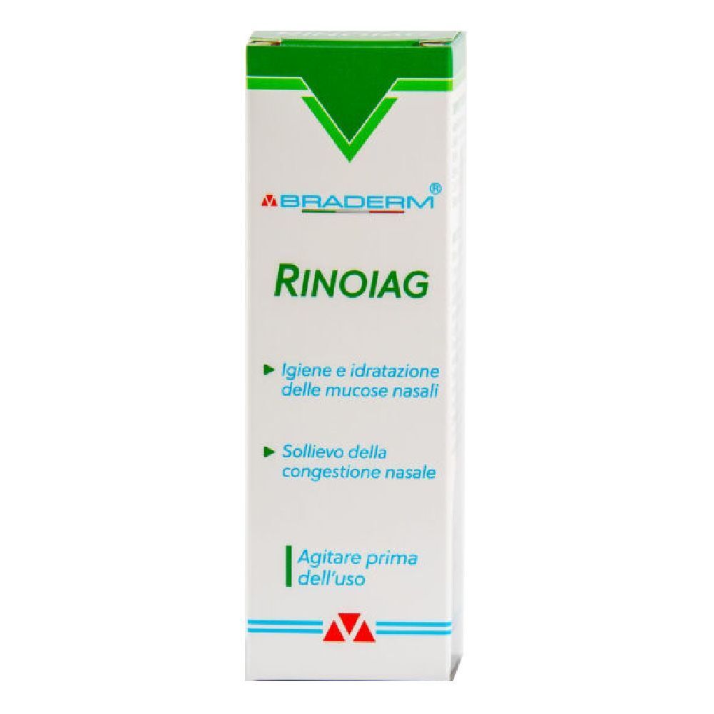 Confezione bianca e verde. Scritta RINOIAG e BRADEDERM. Indicazioni: igiene e idratazione delle mucose nasali, sollievo della congestione nasale.