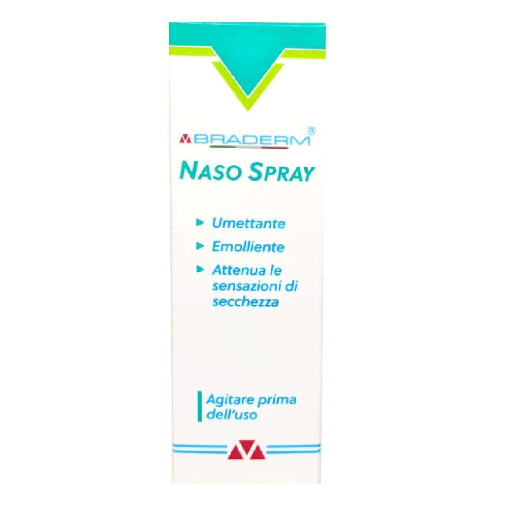 Confezione bianca con design verde e blu. Testo: NASO SPRAY, BRADEDERM. Indica proprietà e uso. Agitare prima dell'uso.