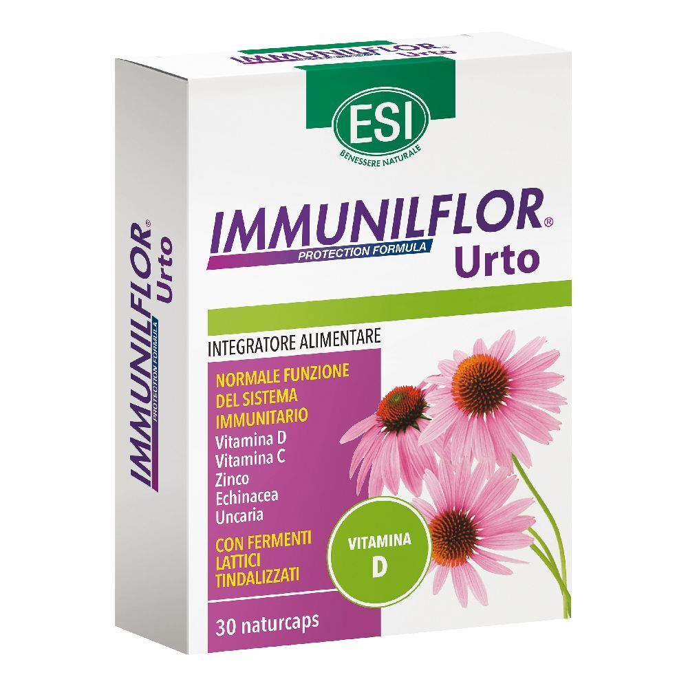 Confezione ESI Immunilflor Urto. Scatola bianca con nome del prodotto e ingredienti. Illustrazione di fiori di echinacea.