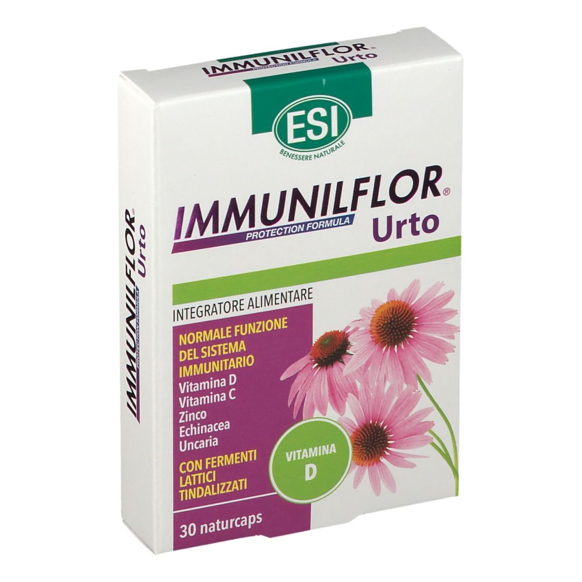 Confezione ESI Immunilflor Urto. Scatola bianca con nome del prodotto e ingredienti. Illustrazione di fiori di echinacea.
