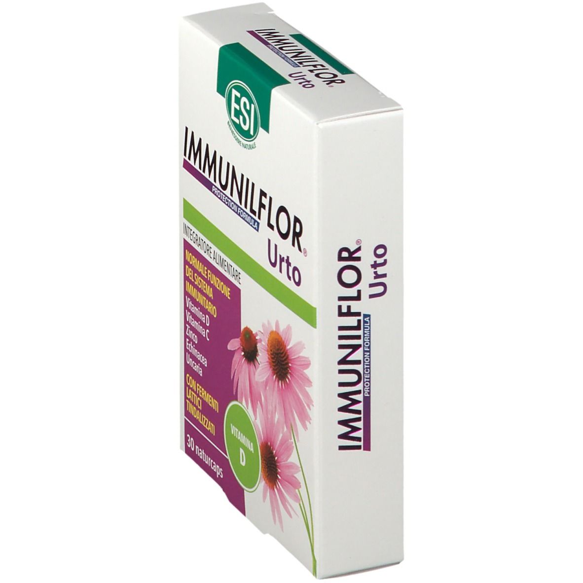 Confezione ESI Immunilflor Urto. Scatola bianca con nome del prodotto e ingredienti. Illustrazione di fiori di echinacea.