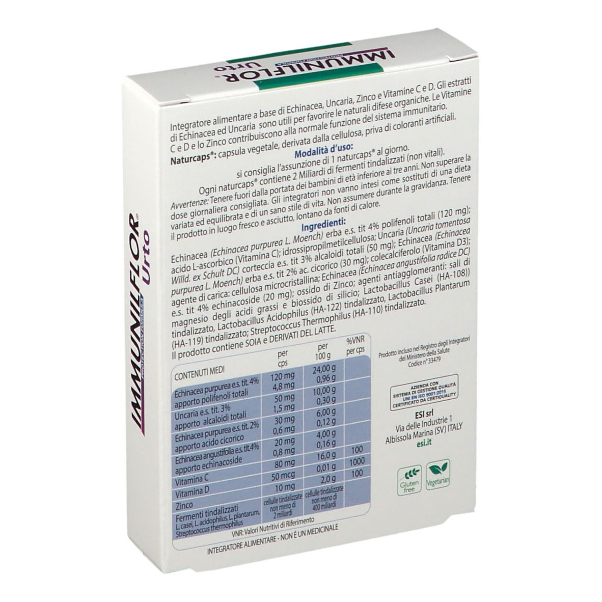 Confezione ESI Immunilflor Urto. Retro della scatola con informazioni e ingredienti del prodotto.