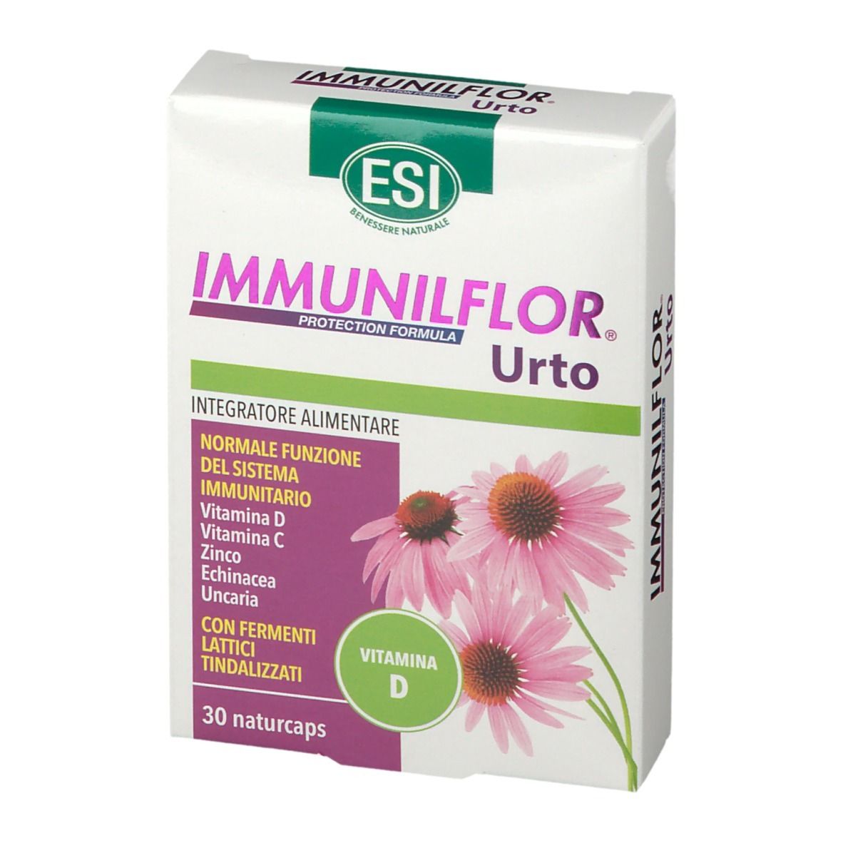Confezione ESI Immunilflor Urto. Scatola bianca con nome del prodotto e ingredienti. Illustrazione di fiori di echinacea.