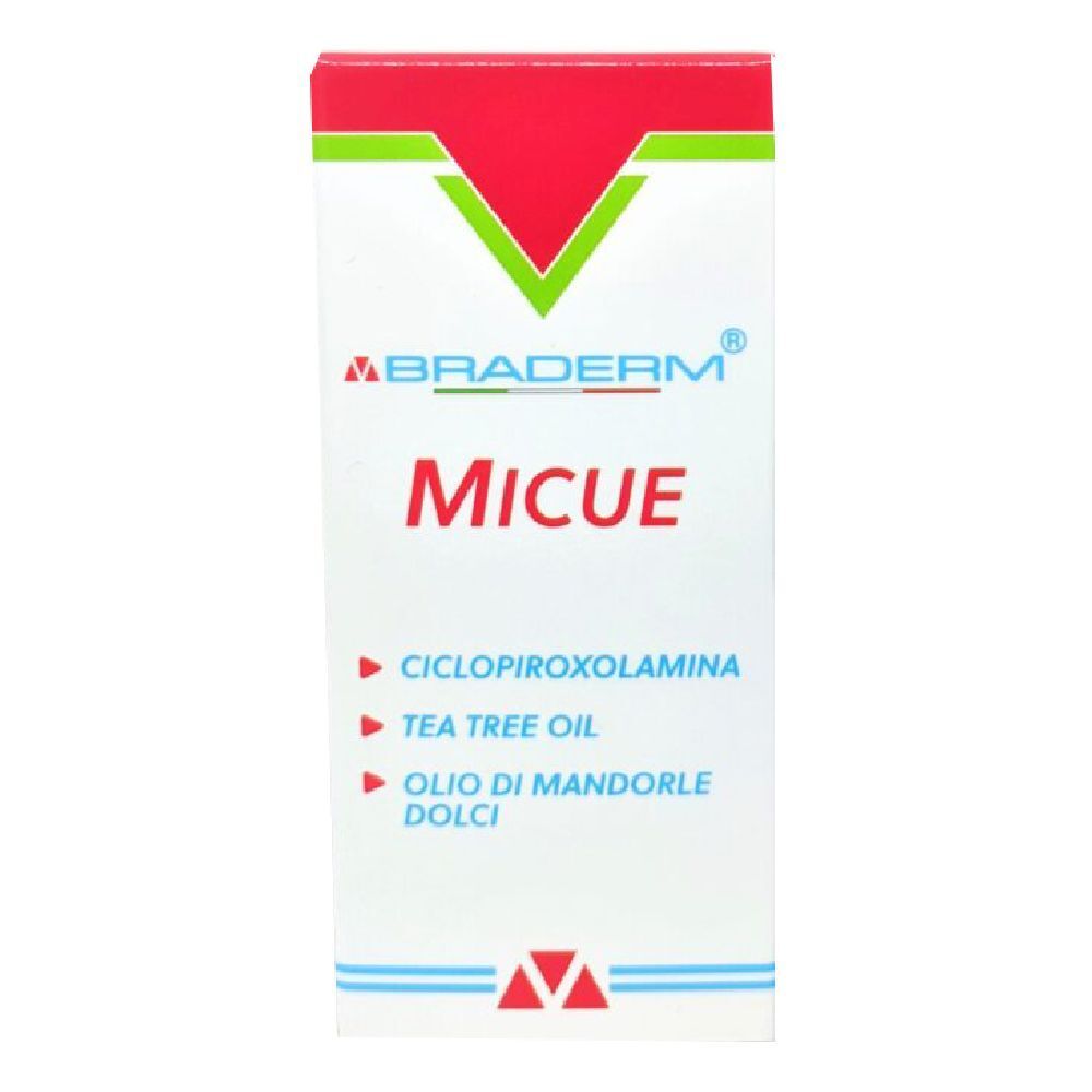 Braderm Micue. Confezione bianca con coperchio rosso. Nome del prodotto e ingredienti stampati.