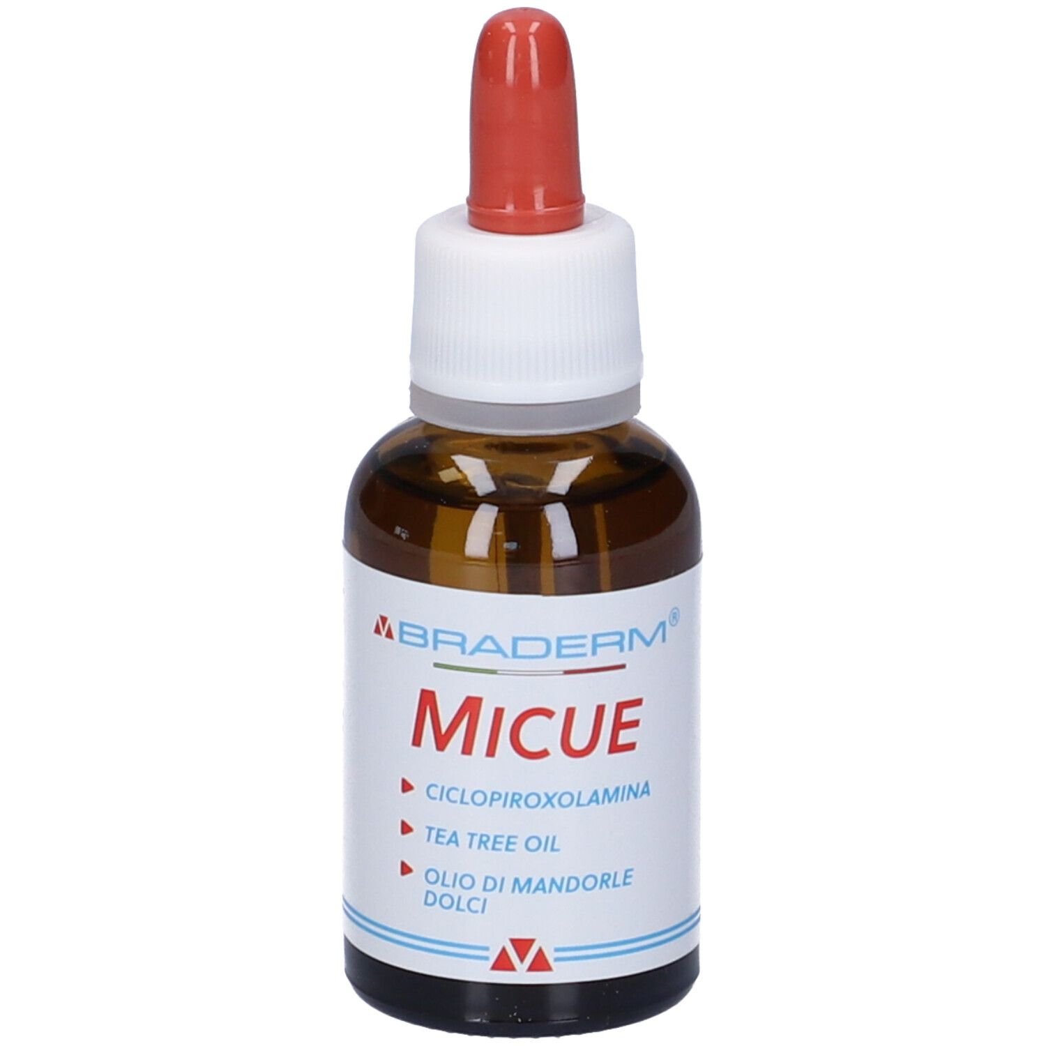 Braderm Micue. Flacone di vetro marrone con pipetta rossa. Nome del prodotto e ingredienti stampati.