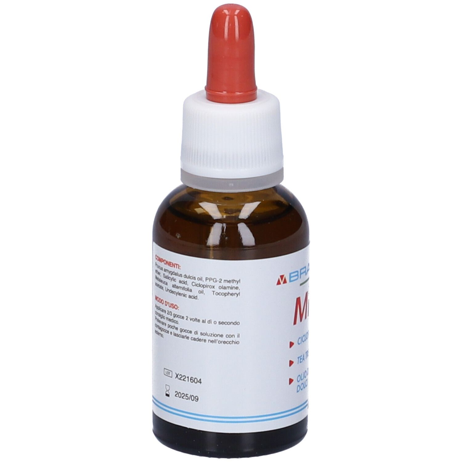 Braderm Micue. Flacone di vetro marrone con pipetta rossa. Retro con ingredienti e istruzioni per l'uso.