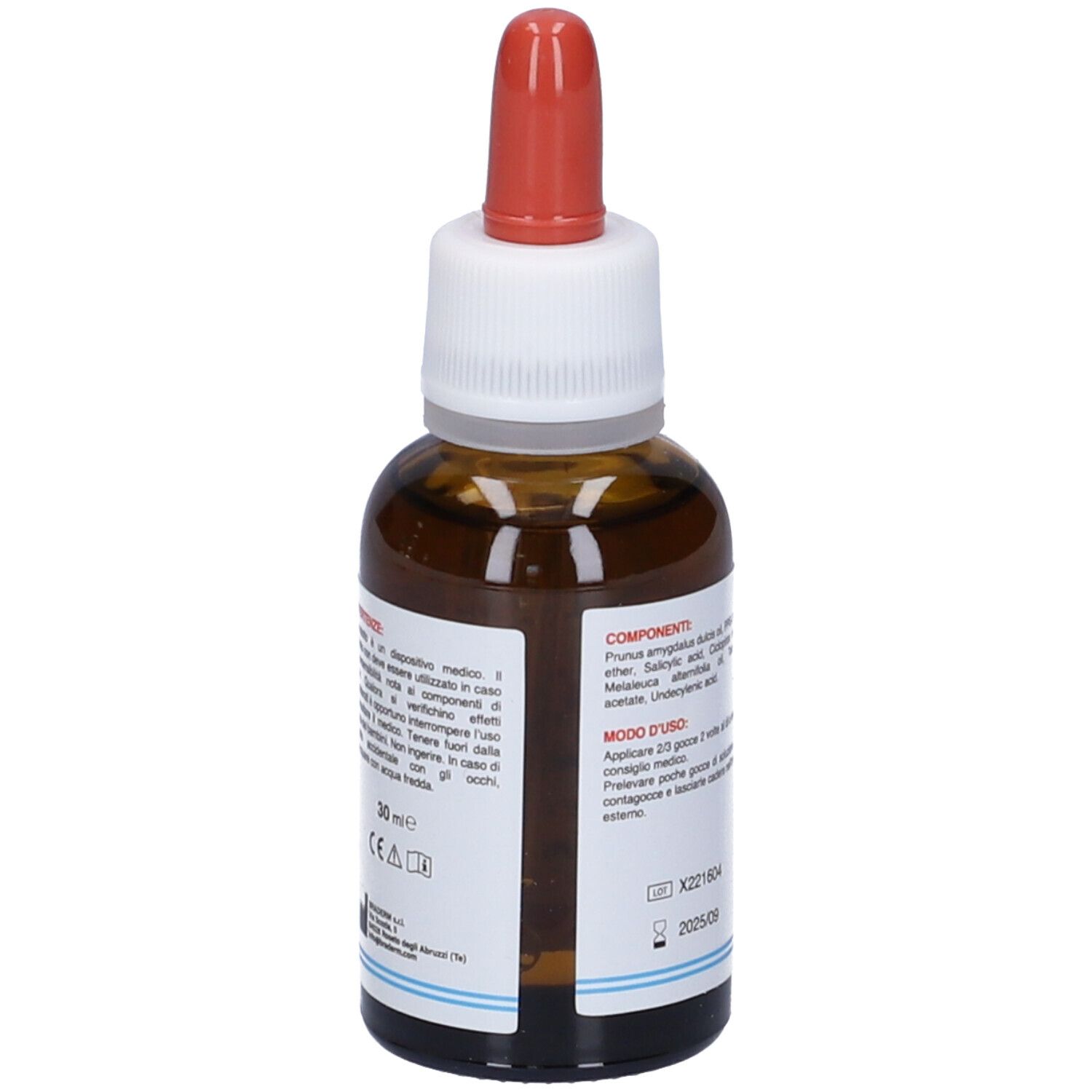 Braderm Micue. Flacone di vetro marrone con pipetta rossa. Retro con ingredienti e istruzioni per l'uso.