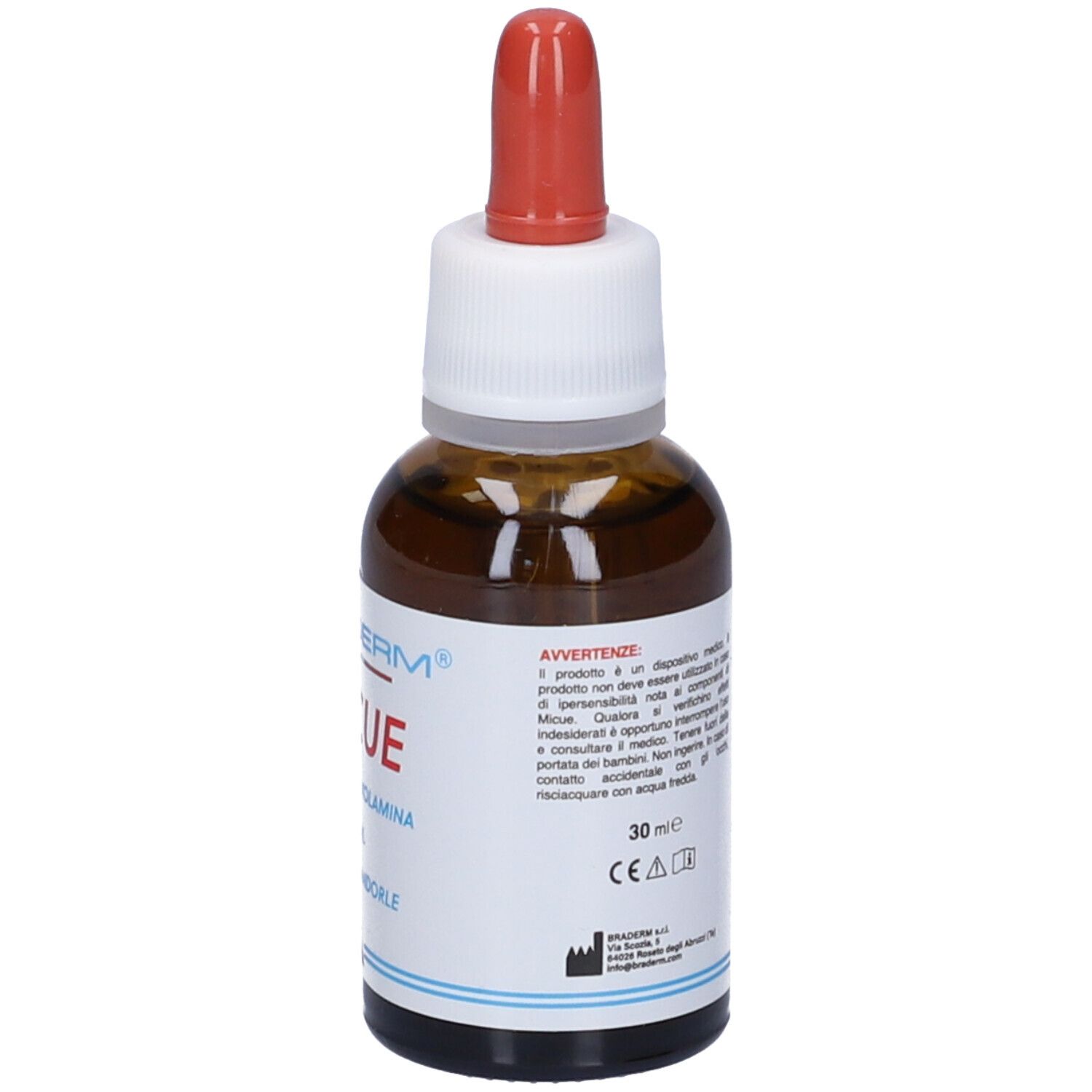 Braderm Micue. Flacone di vetro marrone con pipetta rossa. Retro con avvertenze e uso.
