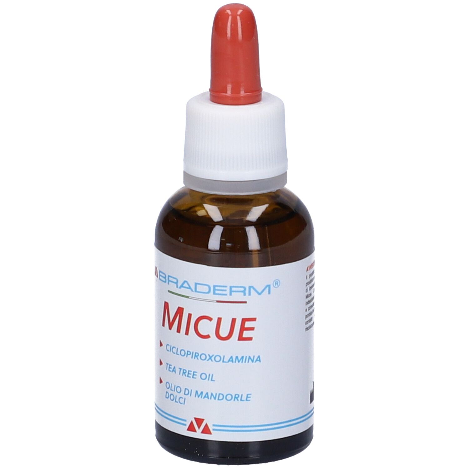 Braderm Micue. Flacone di vetro marrone con pipetta rossa. Nome del prodotto e ingredienti stampati.