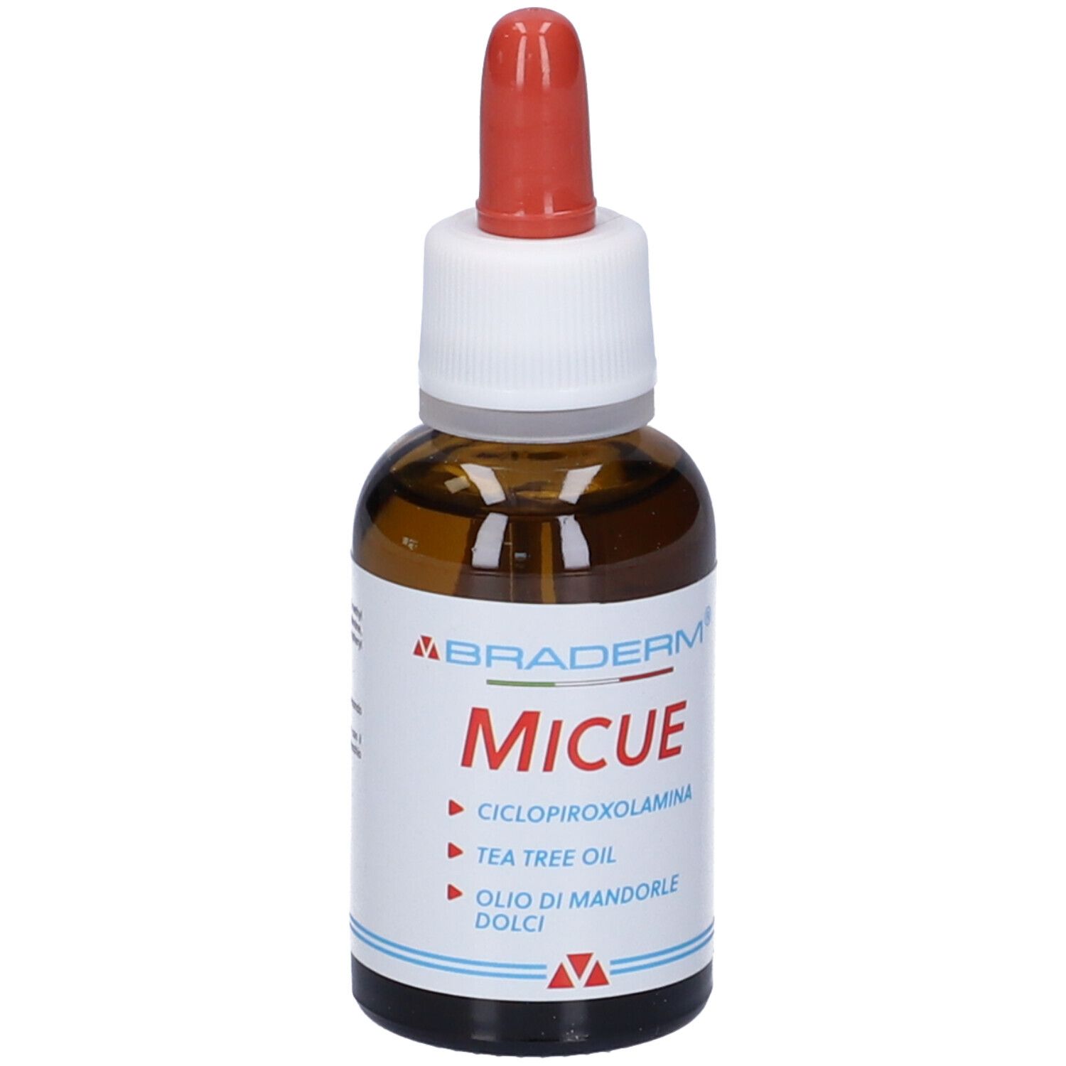 Braderm Micue. Flacone di vetro marrone con pipetta rossa. Nome del prodotto e ingredienti stampati.